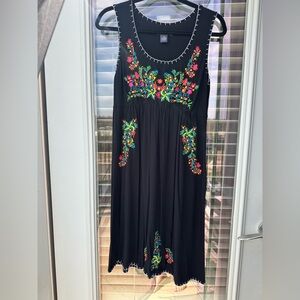 Chelsea & Theodore Embroidered Stretchy Black Swing Dress